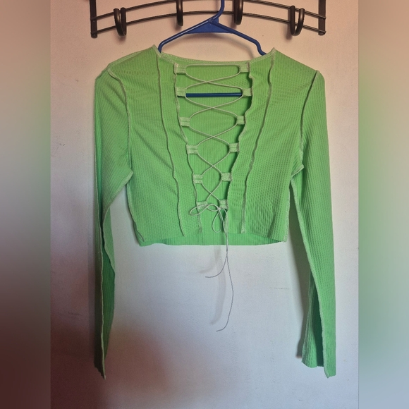 Tops - Green Lace-Up Ribbed Women's Croptop